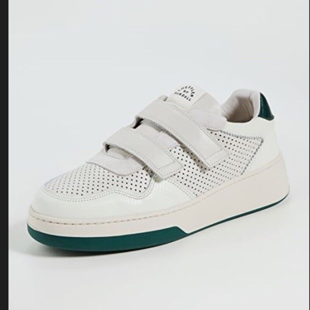 Loeffler Randall White Leather Velcro Strap Sneakers with Green Accent
